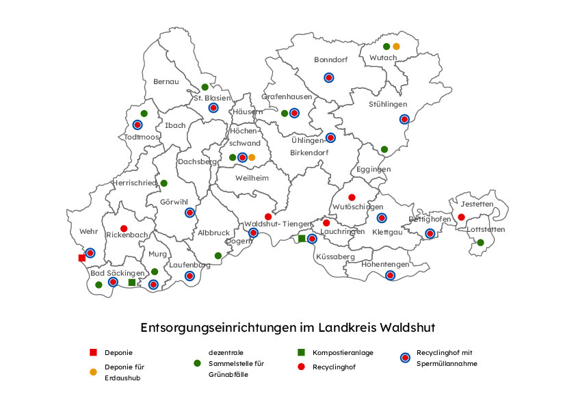 Das Bild zeigt eine �bersicht aller Entsorgungseinrichtungen im Landkreis Waldshut gekennzeichnet nach Deponie, Deponie f�r Erdaushub, dezentrale Sammelstelle f�r Gr�nabf�lle, Kompostieranlage, Recyclinghof und Recyclinghof mit Sperrm�llannahme