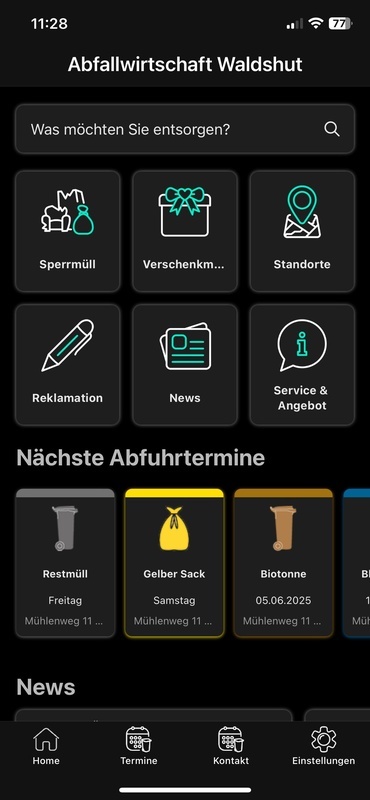 Startscreen der neuen Abfall-App im Darkmodus