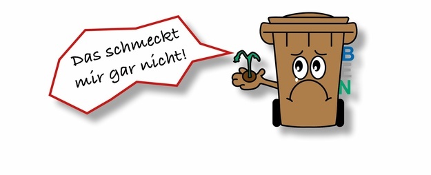 Trauriger BEN, die Biotonne mit Sprechblase "Das schmeckt mir gar nicht", Grafik G. Kaiser