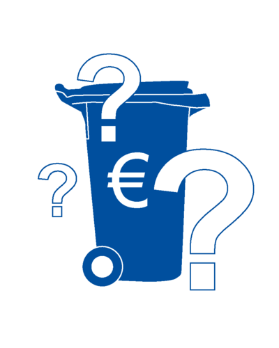 Das Bild zeigt als Beispiel eine blaue Mülltonne mit einem Eurozeichen sowie drei Fragezeichen, die rund um die Tonne platziert sind.