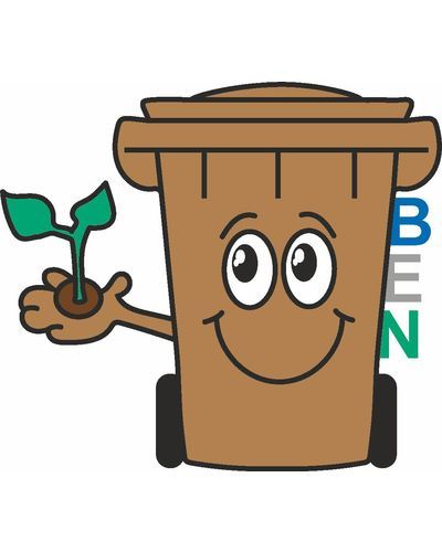 Das Bild zeigt die Grafik von BEN der braunen Biotonne mit einem lachenden Gesicht und einer grünen Pflanze in der linken Hand. Rechts davon ist der Schriftzug BEN.